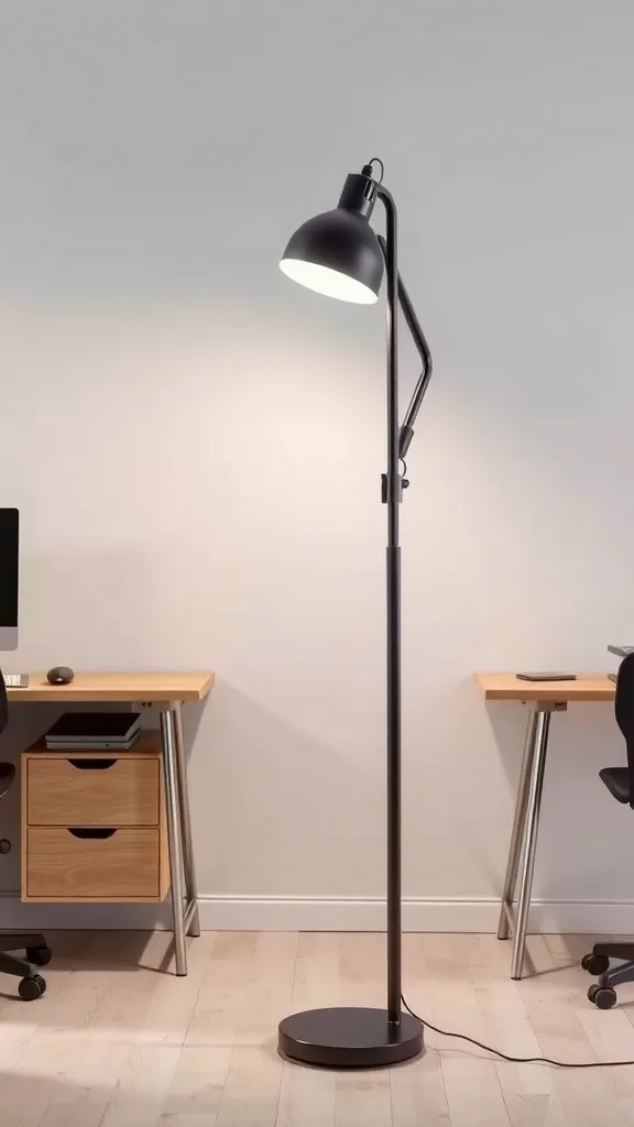 A modern adjustable floor lamp in a minimalist setting, showcasing its sleek design.