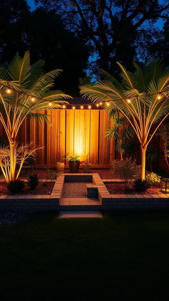 A beautifully lit backyard with palm trees and soft lighting.