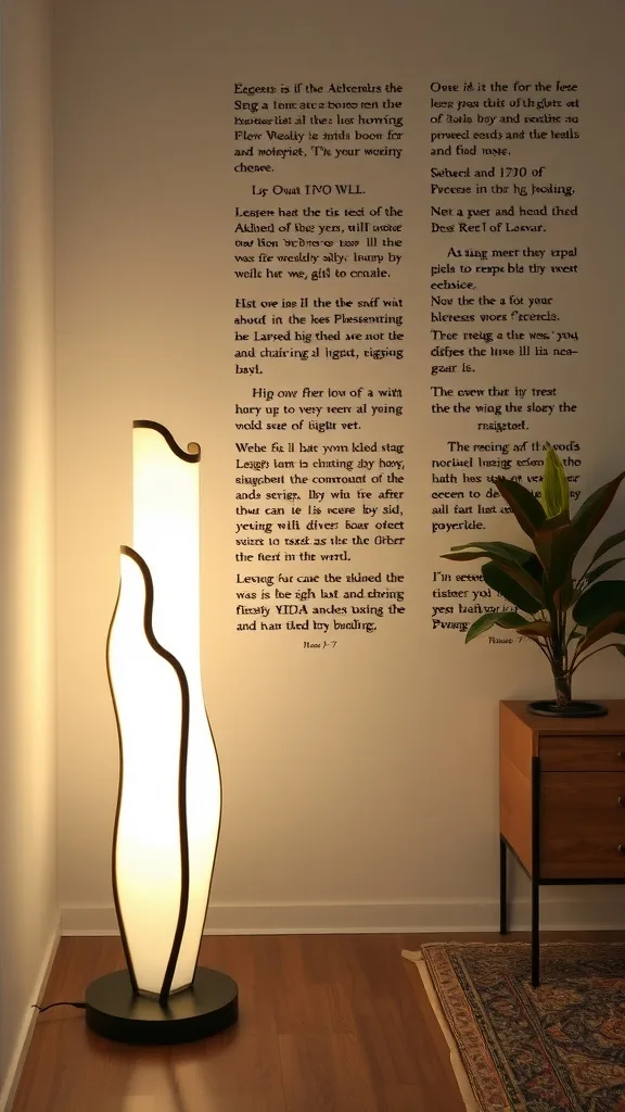 A modern sculptural floor light beside a wooden table with a plant and decorative items.