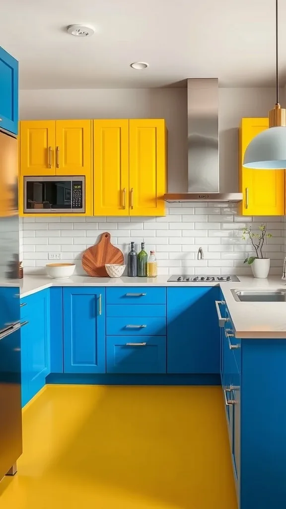 A modern kitchen with blue and yellow cabinets, featuring a sleek stove and bright decor.