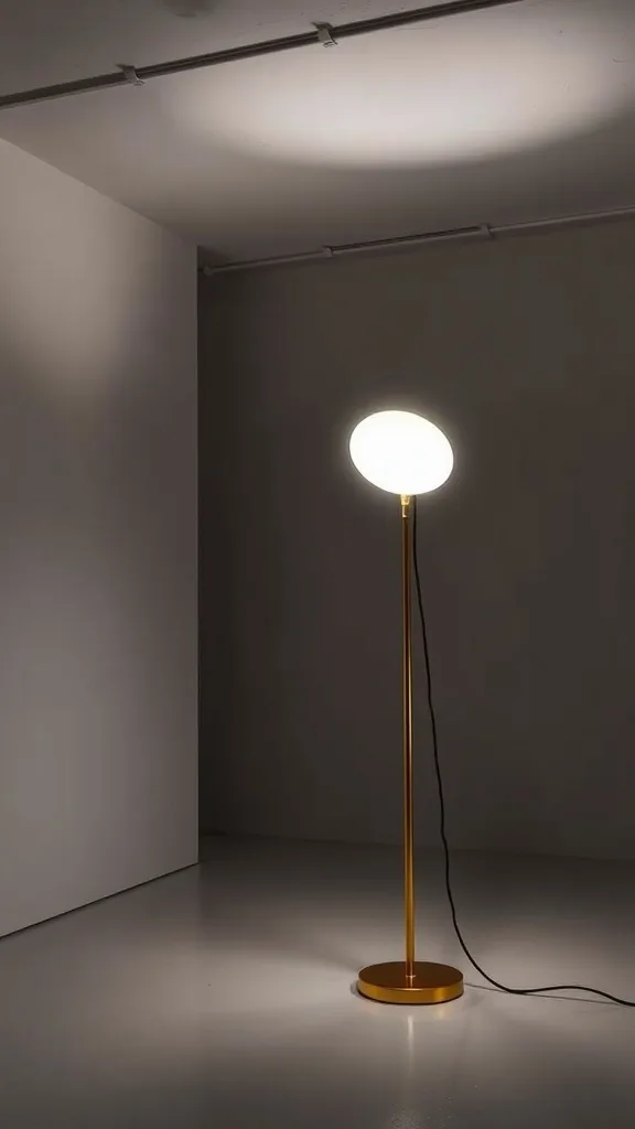 A modern gold floor lamp with a unique oval shade illuminating a minimalistic room.