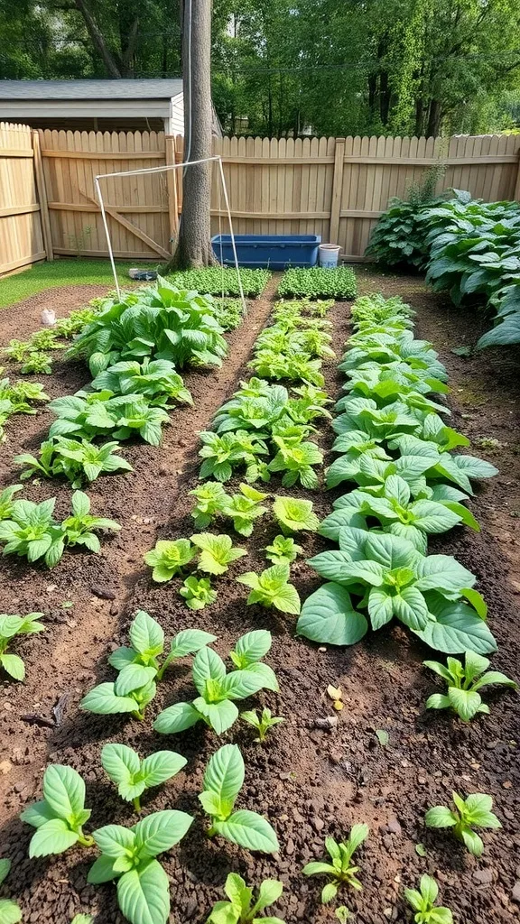 Lush vegetable garden with rows of leafy greens and healthy plants.