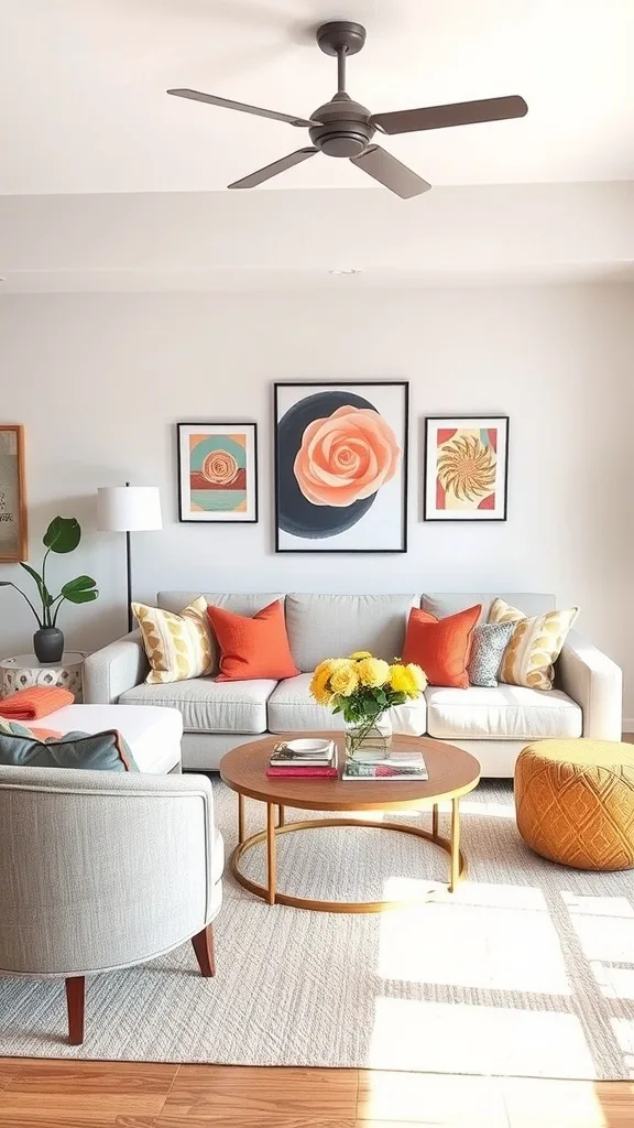 A cozy neutral living room with bright accents, including colorful cushions and framed artwork.