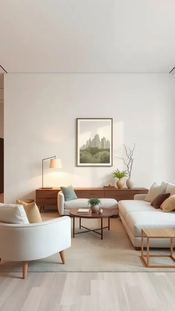 Neutral living room with soft tones, natural elements, and a relaxed atmosphere.