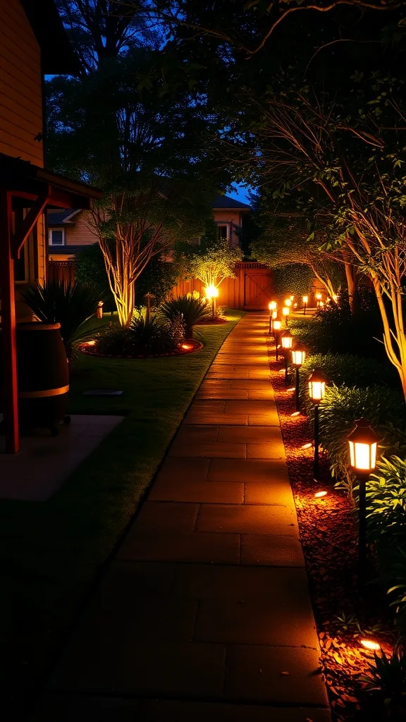A beautifully lit pathway with glowing lights alongside a garden at night.