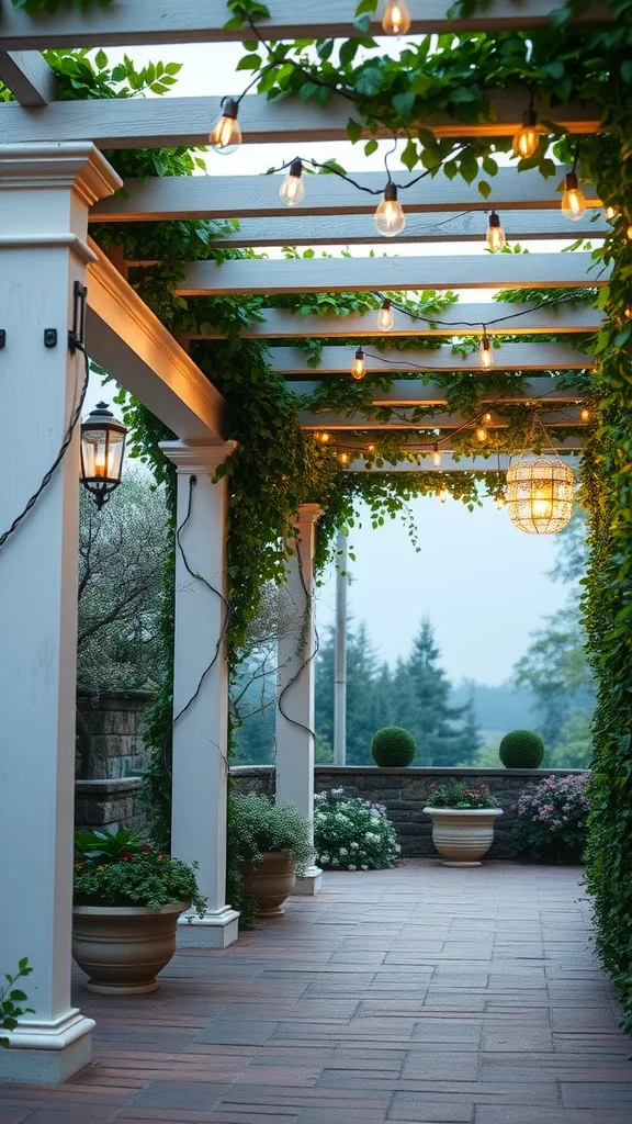 A charming pergola with greenery and string lights in a backyard setting.