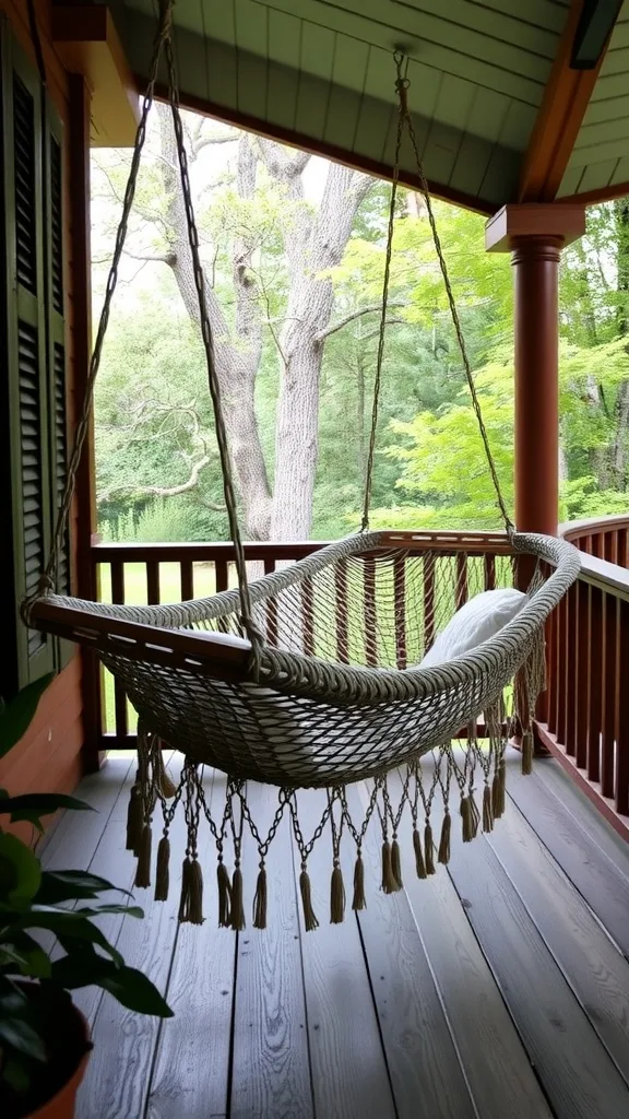 A cozy porch featuring a colorful hammock surrounded by flowers and greenery.