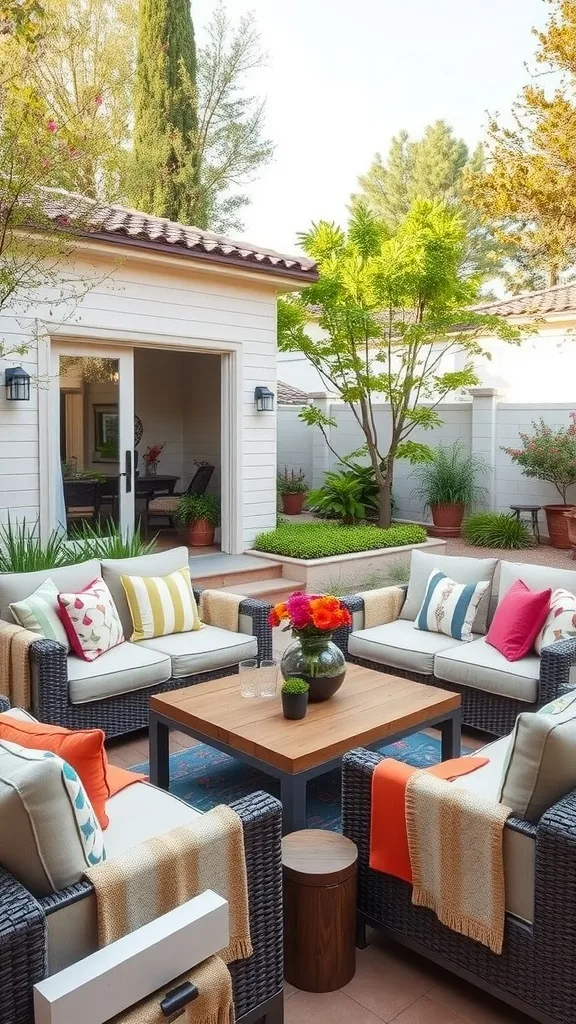 A chic lounge area with comfortable seating and colorful cushions in a backyard setting.