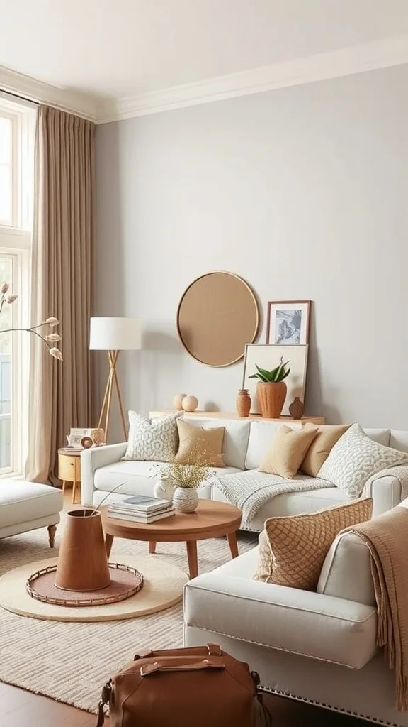 A cozy neutral living room with a light blue sofa, wooden furniture, and decorative plants.