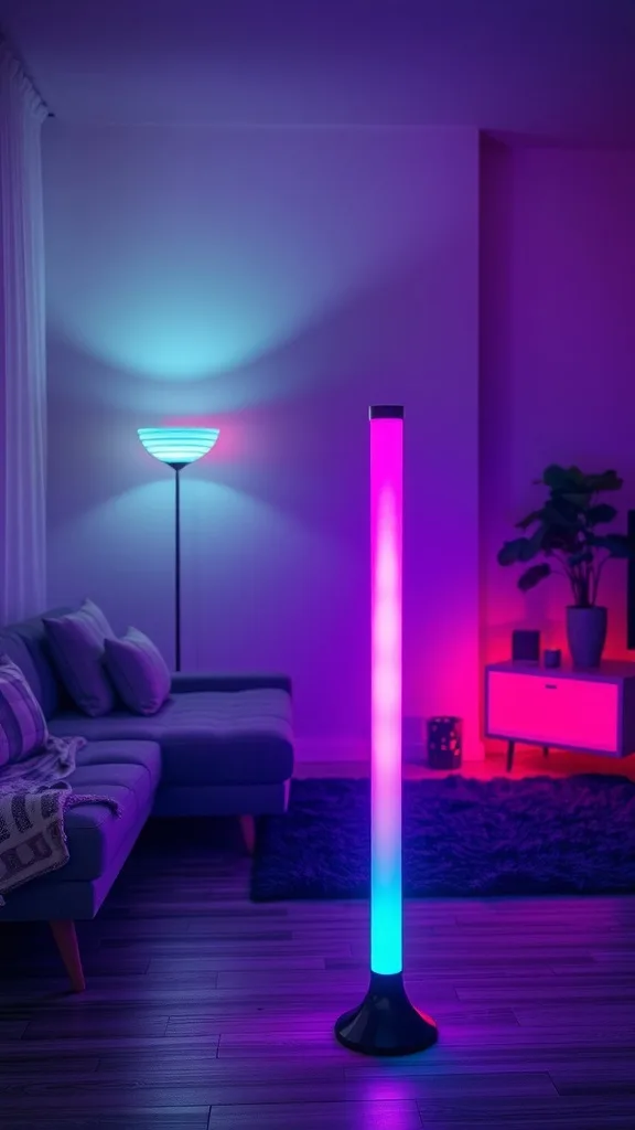 A modern living room featuring color-changing LED floor lights.