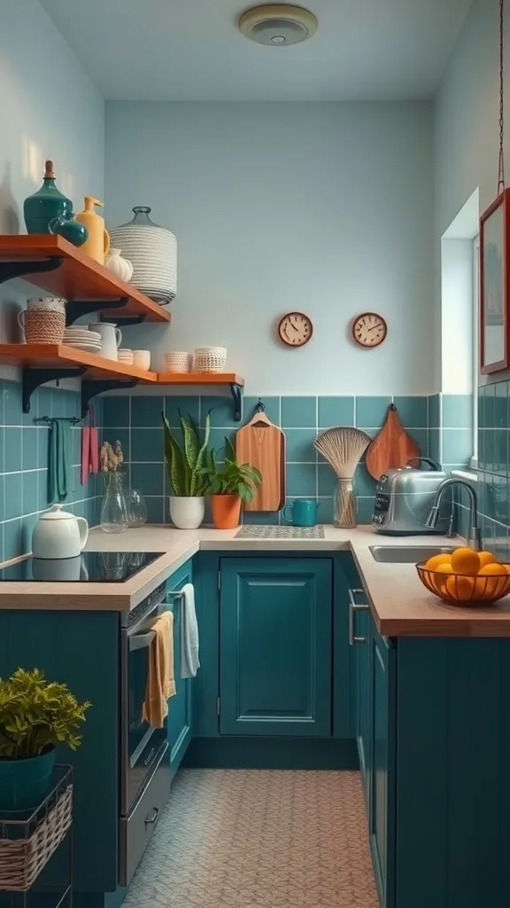 Colorful tiny house kitchen with teal cabinets and wooden shelves