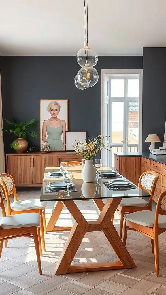 Modern dining room featuring a wood and glass top dining table with stylish chairs.