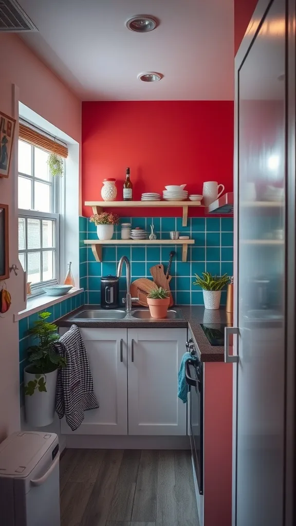 A cozy tiny kitchen featuring bright red and teal accent walls, with shelves and plants.