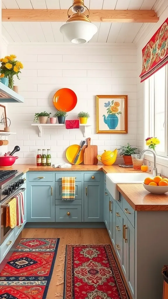 A bright and cozy kitchen featuring colorful rugs, vases, and wall art.