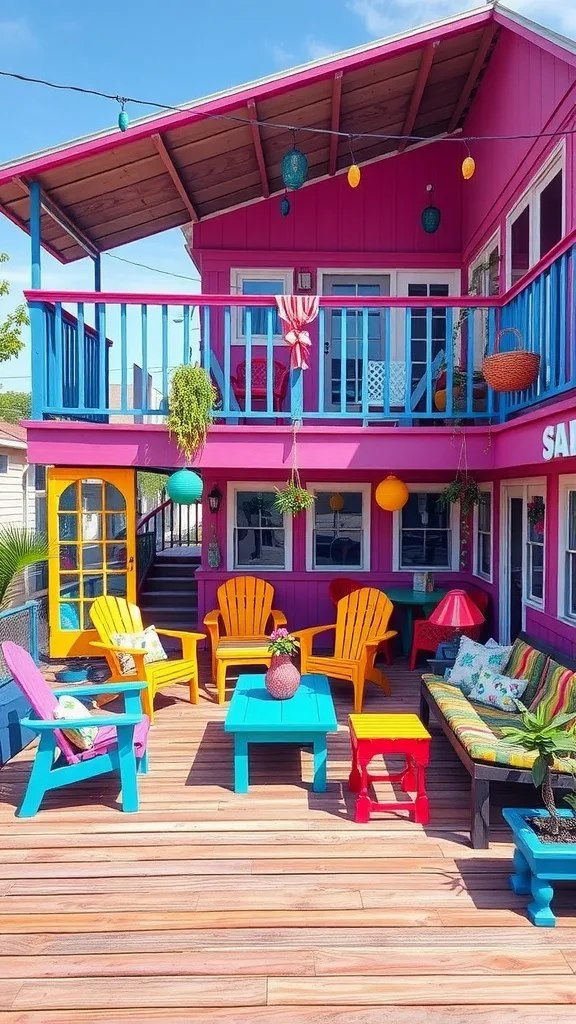 A vibrant two-level deck with colorful furniture and decorations.