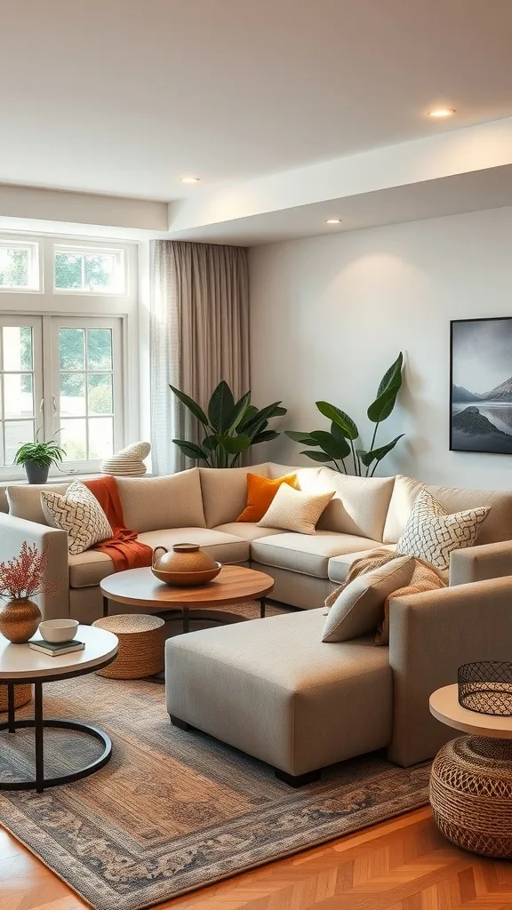 A neutral living room featuring a cozy sectional sofa with colorful cushions and a wooden coffee table