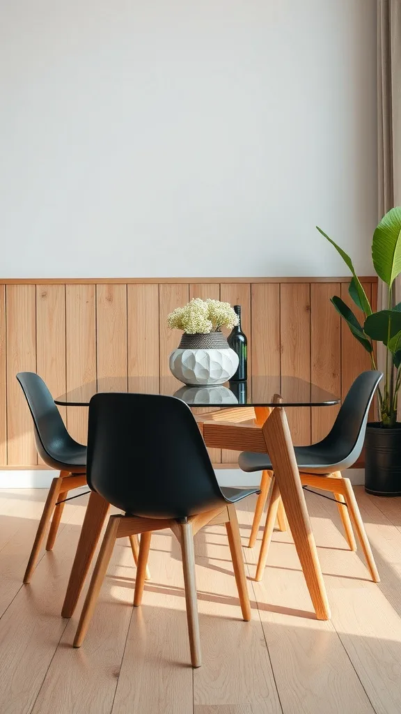 A modern wood and glass top dining table with black chairs and decorative elements.