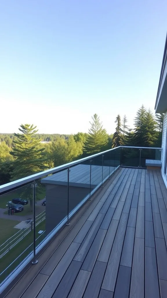 Contemporary deck featuring glass railings and wooden flooring with a scenic view