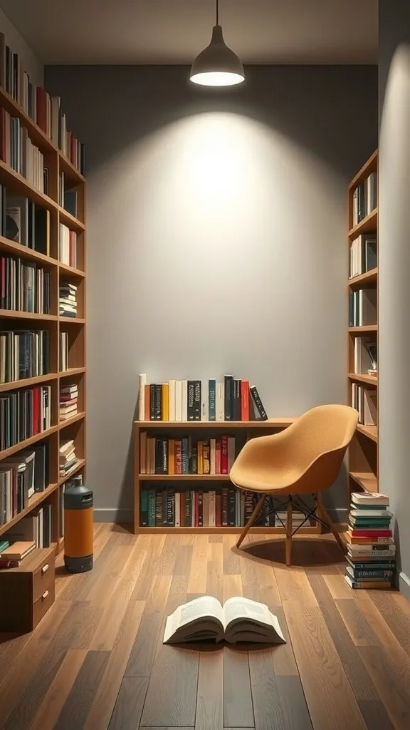 A cozy reading space with contemporary floor lighting, bookshelves, and an open book on the floor.