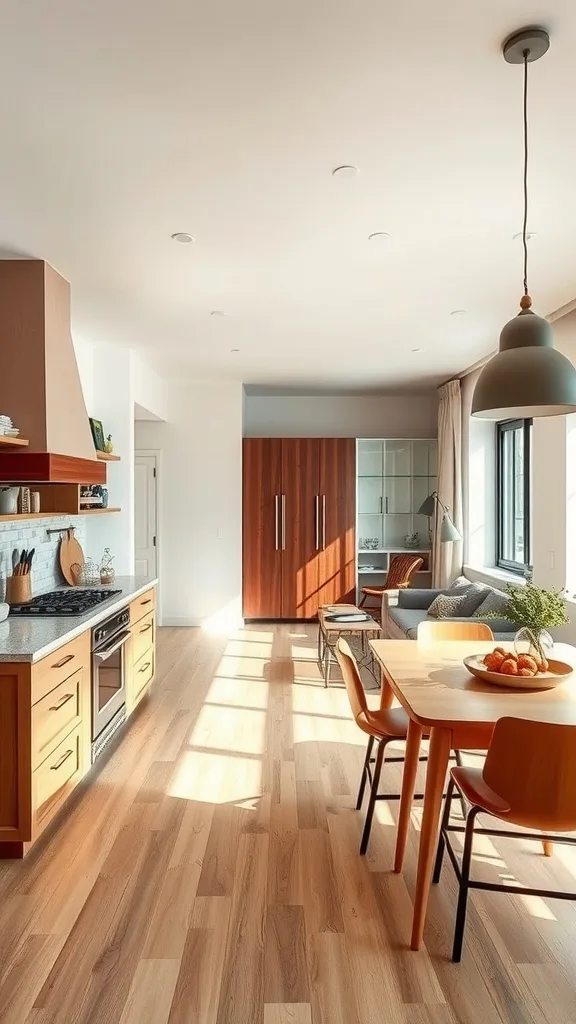 A spacious contemporary kitchen with an open layout featuring wooden floors, a large island, and modern appliances.