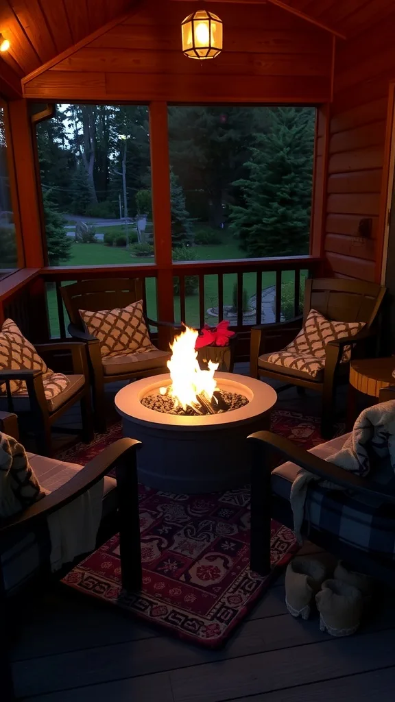A cozy porch with a fire pit and comfortable seating, surrounded by nature.