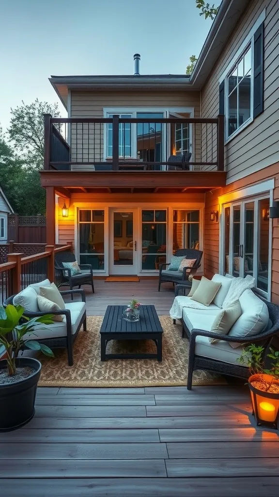 Cozy outdoor living room on a two-level deck with comfortable seating and warm lighting.