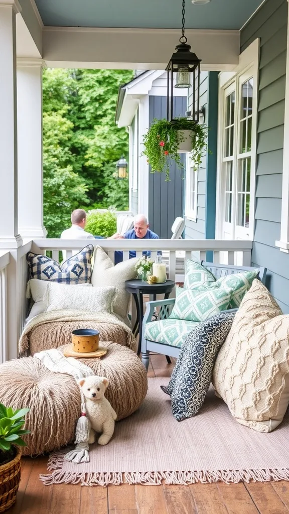 A cozy porch setup with various pillows and cushions in soft colors and textures.
