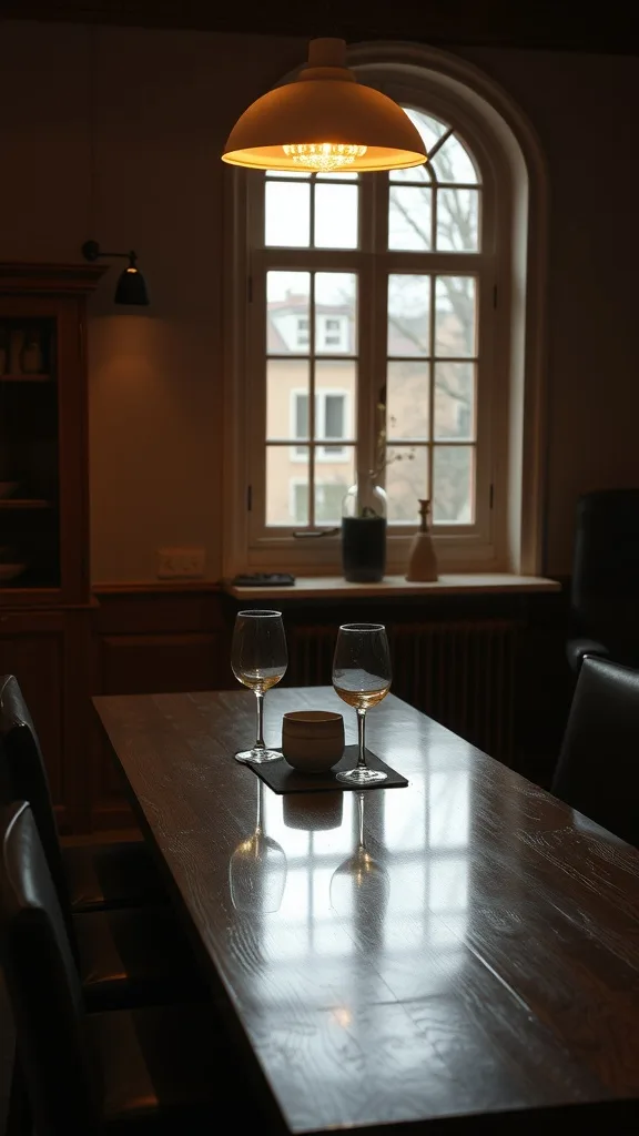 Modern wood and glass top dining table with glasses and a candle