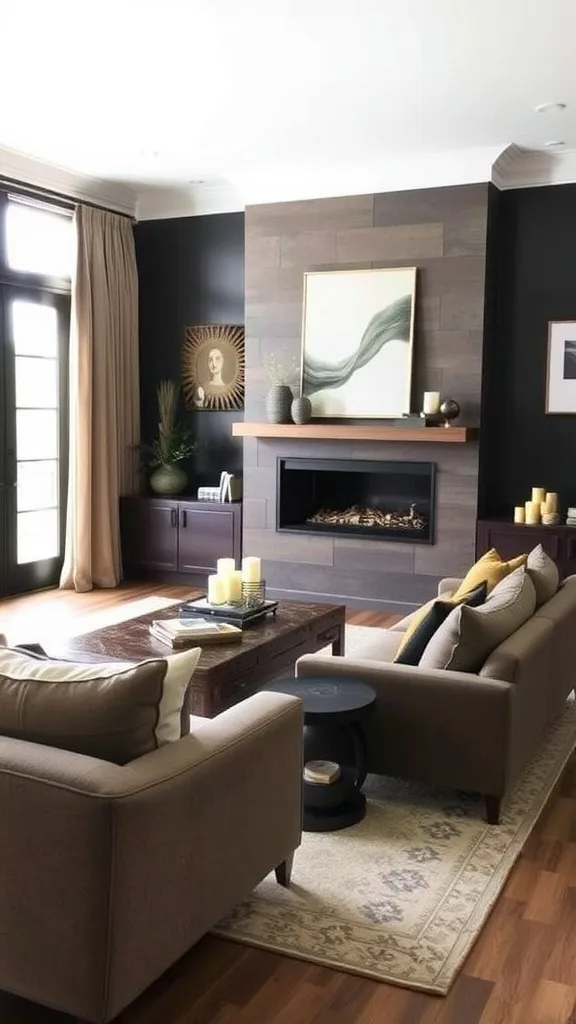 A stylish living room with darker neutral walls and light furniture, showcasing a contrast that enhances the space.