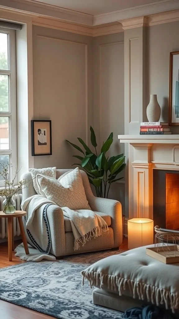 A cozy living room corner featuring a comfortable chair with a blanket, a plant, and warm lighting.