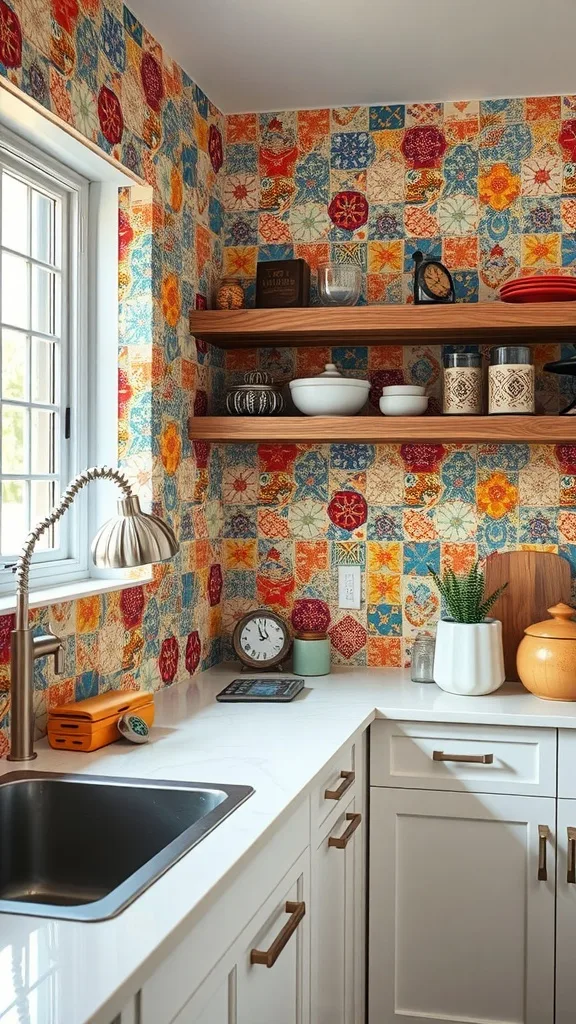 Colorful tiled backsplash in a modern kitchen