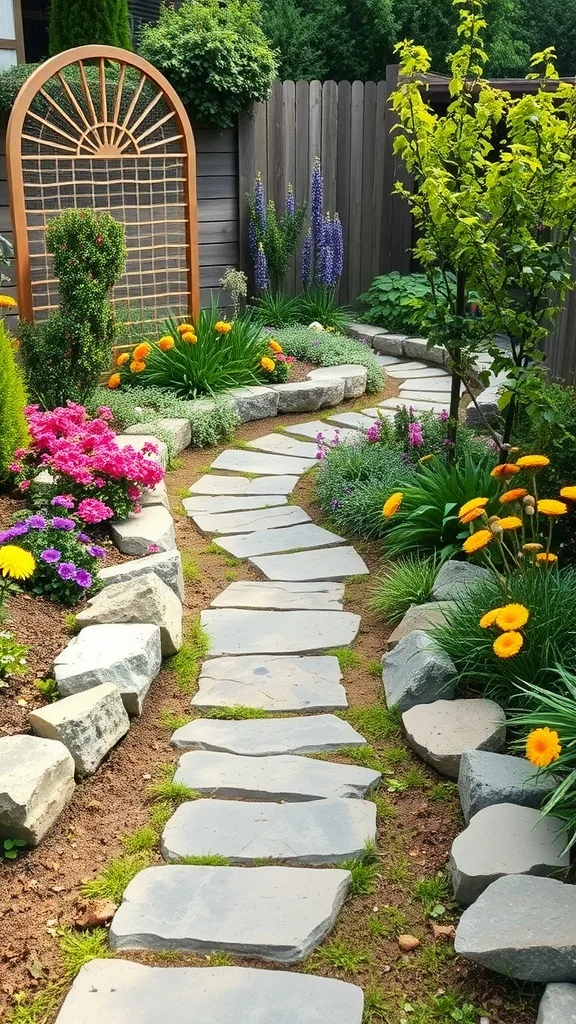 A beautiful garden pathway made of stone, bordered by vibrant flowers and plants.