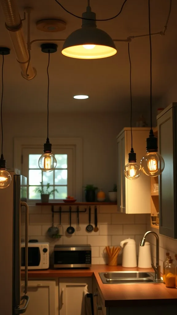A cozy tiny house kitchen with creative lighting solutions, featuring pendant lights and warm bulbs.