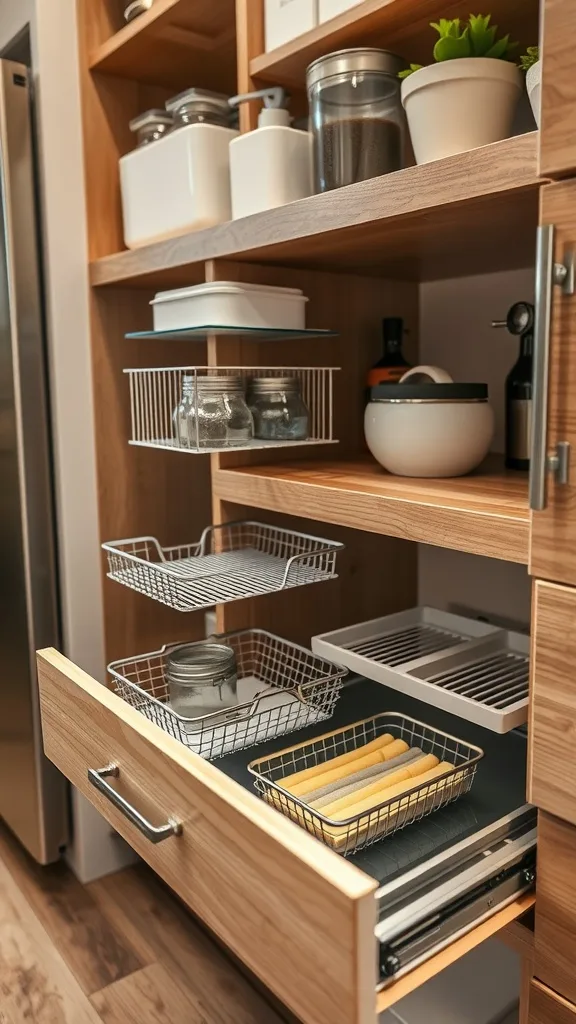 A view of a modern tiny house kitchen drawer with organized baskets and containers.