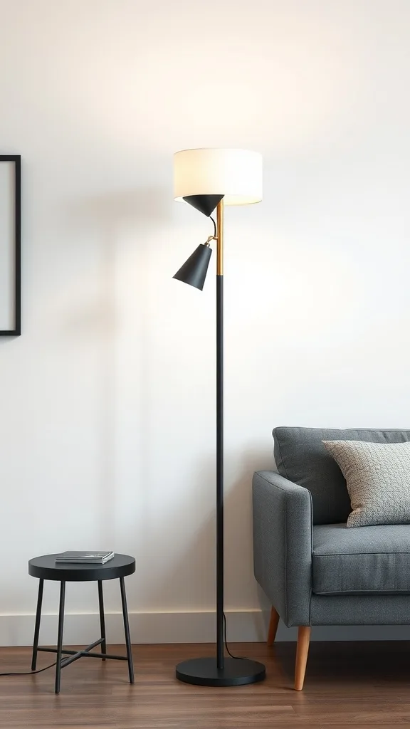 A stylish contemporary floor lamp next to a gray sofa, showcasing a modern design.