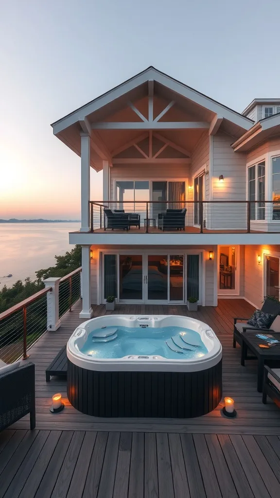 A two-level deck featuring a hot tub, cozy seating, and scenic views.