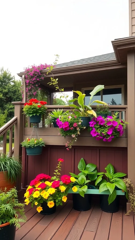 A two-level deck featuring vibrant built-in planters filled with colorful flowers.