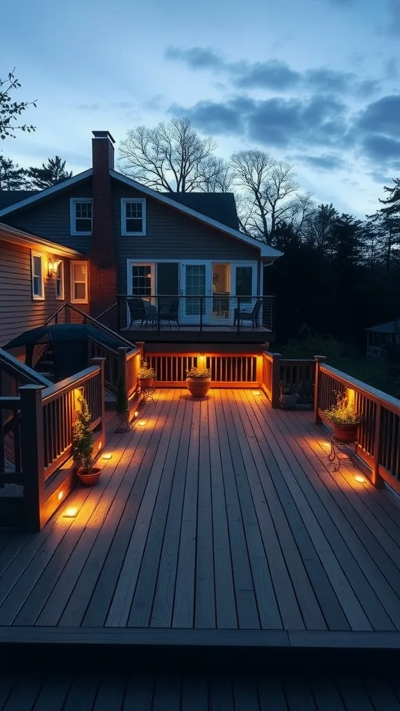 Two-level deck with customized lighting features illuminating the space