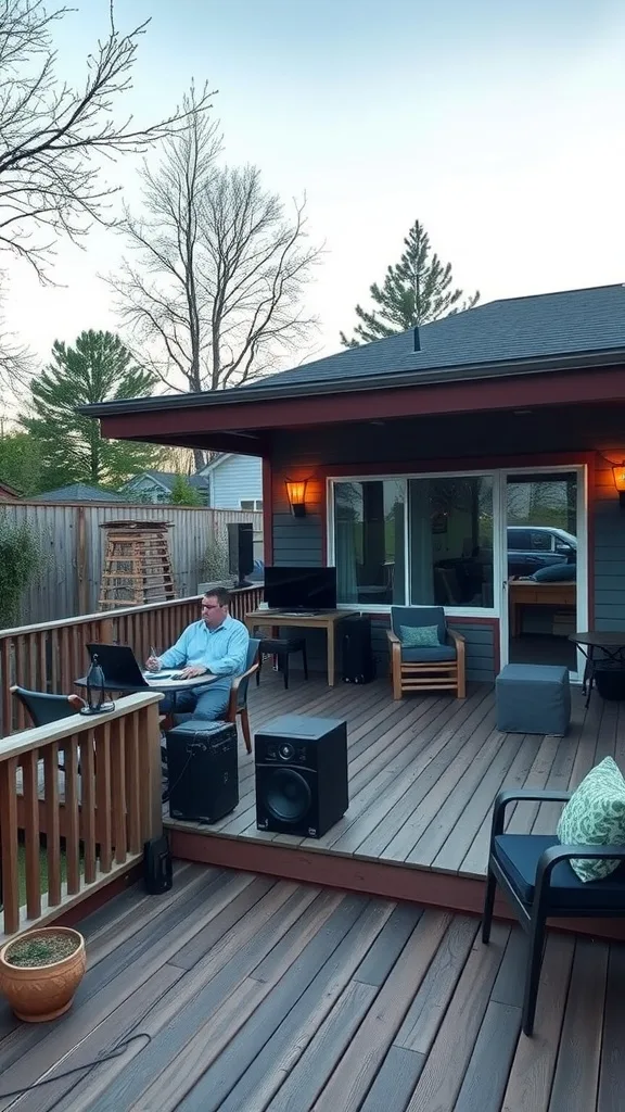 A man working on a laptop on a two-level wooden deck with speakers visible.