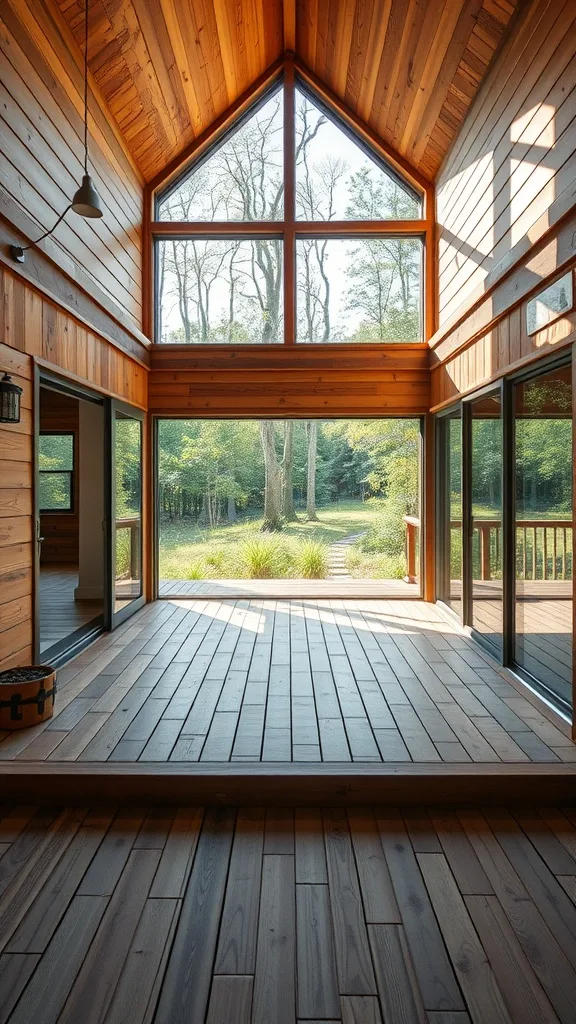 Interior view of a home with wooden flooring and sliding glass doors leading to a sunny outdoor area.