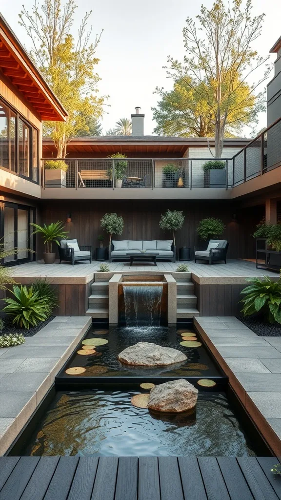 A modern two-level deck featuring a water feature with a waterfall and plants.