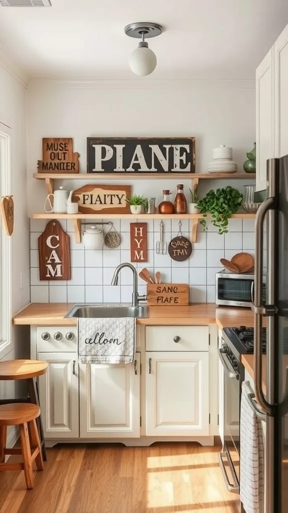 A cozy tiny house kitchen with wooden shelves, decorative signs, and plants.