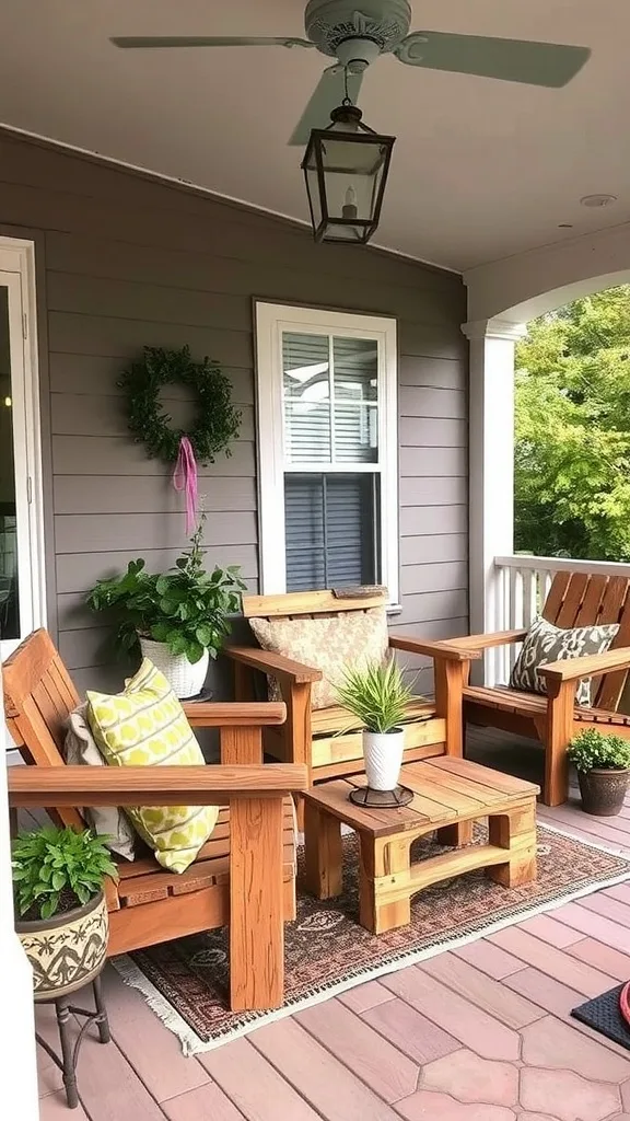 Cozy porch with DIY pallet furniture and potted plants