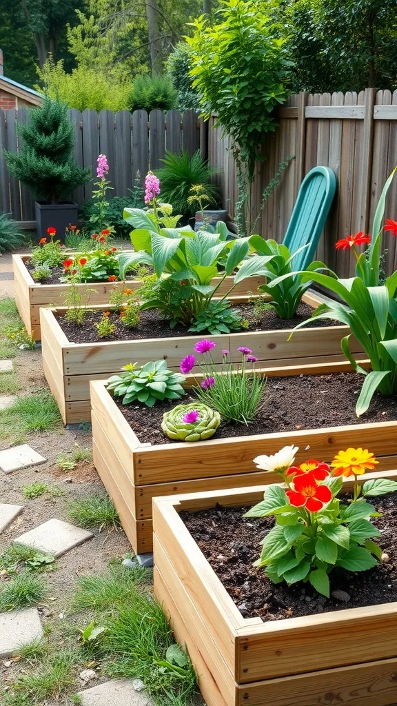 A beautiful backyard featuring DIY raised garden beds filled with vibrant flowers and greenery.