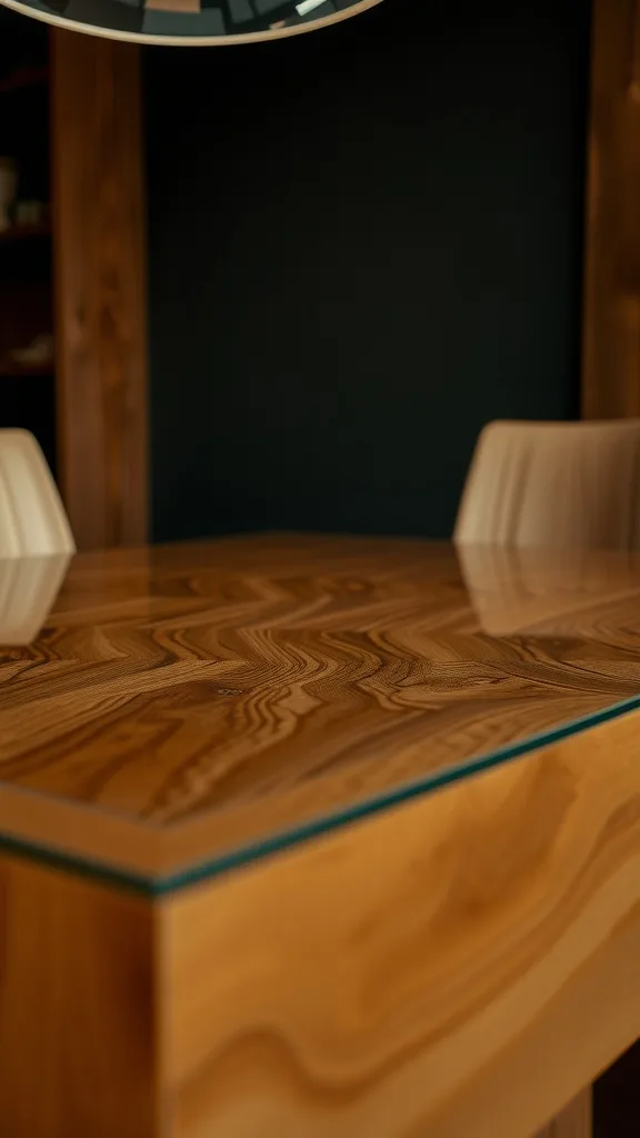 Close-up view of a modern wood and glass top dining table