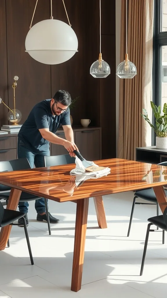 A man cleaning a modern wood and glass top dining table