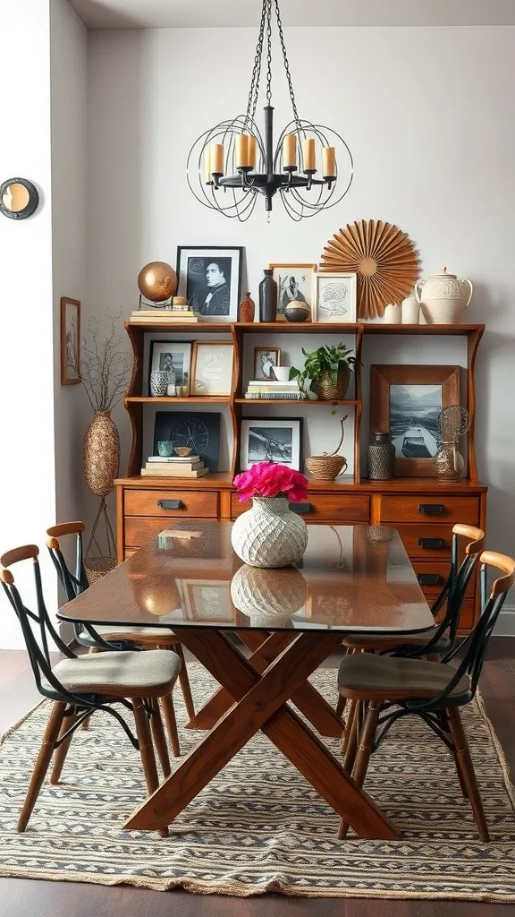 Modern wood and glass top dining table surrounded by eclectic decor