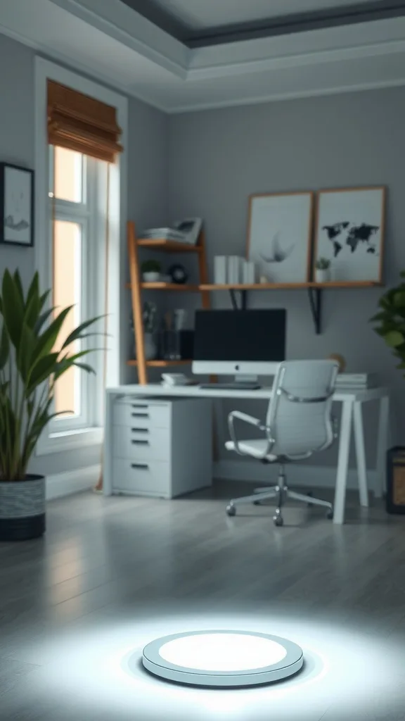 A modern room featuring a sleek LED floor light, plants, and a stylish desk setup.