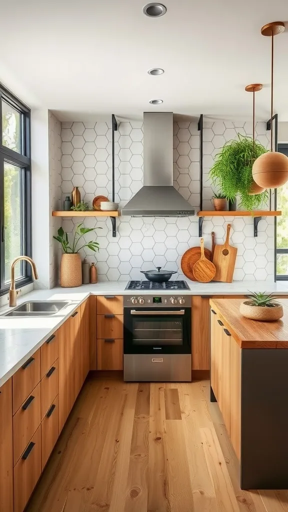 A modern kitchen featuring eco-friendly materials, including wood cabinetry and plants.