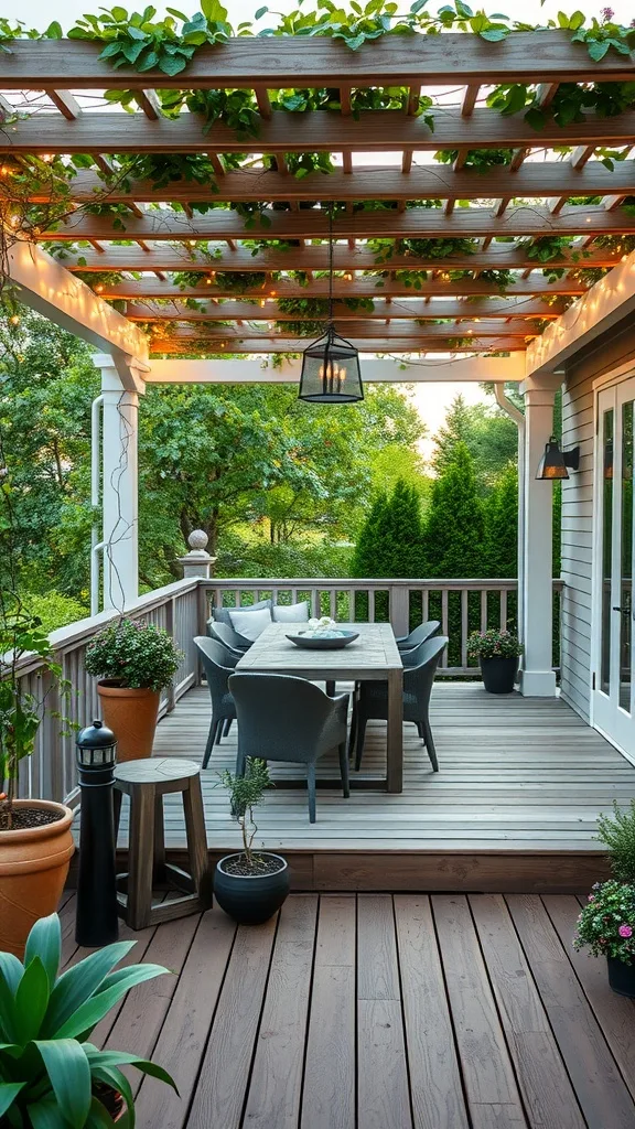 A two-level deck featuring a wooden pergola adorned with lights and vines, surrounded by potted plants and outdoor furniture.